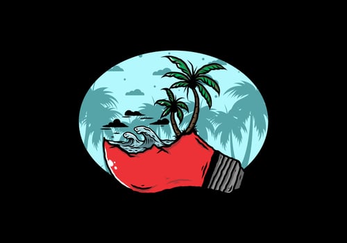 Beach landscape on bulb lamp illustration vector