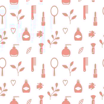 Seamless texture from cosmetics icons and floral elements, pattern, abstract background, wallpaper vector