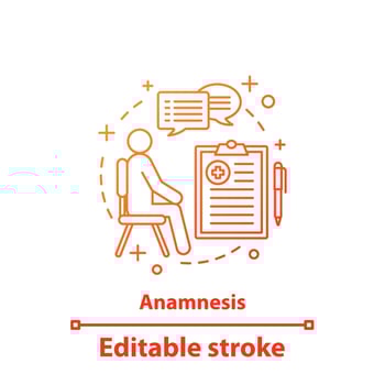 Anamnesis concept icon. Medical history. Patient card. Doctors appointment idea thin line illustration. Medicine and healthcare. Vector isolated outline drawing. Editable stroke