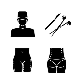 Plastic surgery glyph icons set. Surgeon, surgical scalpel and clamp, thigh lift, waist correction surgery. Silhouette symbols. Vector isolated illustration