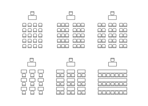 Set of plan for arranging seats in interior, auditorium with place spectators, classroom, theater, lecture hall, layout outline elements. Scheme chairs and tables icons. Furniture top view.Vector line vector