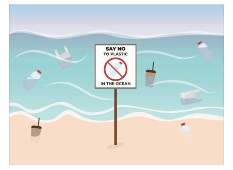 Poster against ocean pollution with bottles, bags and cups in the water and on the shore in vector