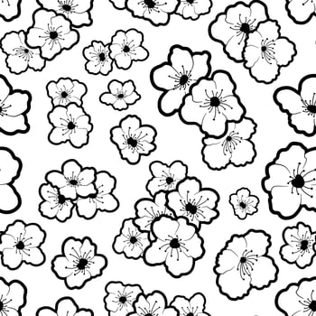 Monochrome Sakura seamless pattern. Abstract art print. Design for paper, covers, cards, fabrics, interior items and any. Vector illustration of botany nature.