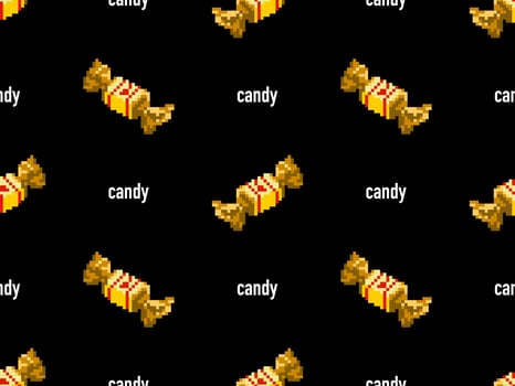 Candy cartoon character seamless pattern on black background. Pixel style vector