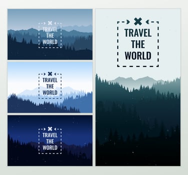 Travel discovering, exploring and observing nature. Blue and green. Design web banner set. Flat landscape with mountains and forest silhouette vintage grunge texture. Vector background illustration.