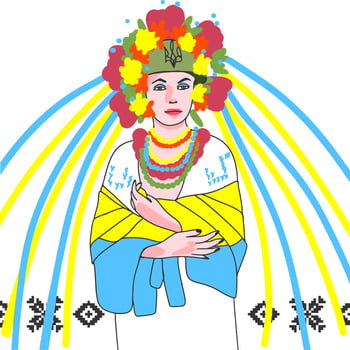 Ukrainian warrior in a wreath on his head, symbols of the flag of Ukraine, vyshyvanka, doodle vector