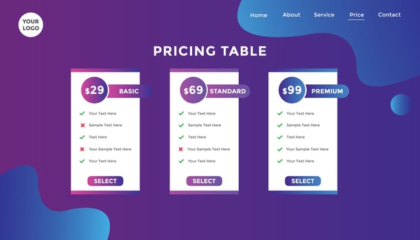 Subscription Package Pricing Comparison. business plan pricing chart. Comparison table. Gradient color vector