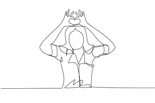 Single one line drawing young woman making or gesturing heart symbol with fingers. Modern female lifestyle, healthcare, love shape concept. Continuous line draw design graphic vector illustration