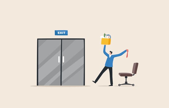 Resignation from the company. Gen Z  resignation.   millennials change jobs often. Submit a resignation letter. The employee resigned and walked towards the exit door. vector