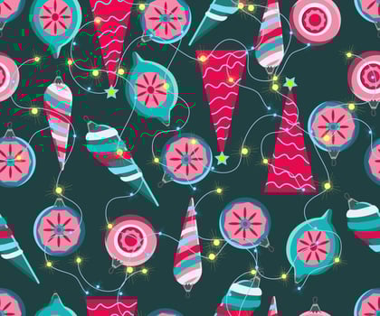 Christmas seamless pattern. Cute vector festive background woth vintage Christmas decorations, stilyzed Christmas tree, illuminations for your holiday winter decoration.