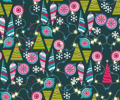 Christmas seamless pattern. Cute vector festive background woth vintage Christmas decorations, stilyzed Christmas tree, illuminations for your holiday winter decoration.