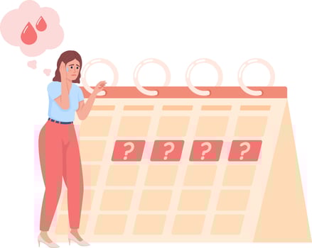Worried woman with menstrual irregularities semi flat color vector character