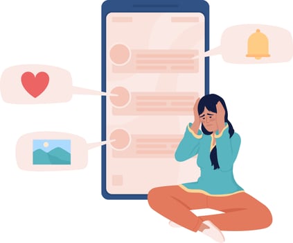 Woman with social media addiction semi flat color vector character