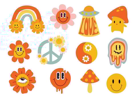 Psychedelic retro sticker. Cartoon abstract groovy comic funny emoji characters. Vector illustration set.