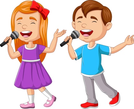 Boy and girl singing with microphone vector