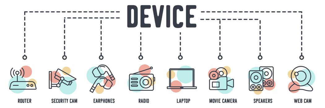 Technology Device web icon. router, security cam, earphones, radio, laptop, movie camera, speakers, web cam vector illustration concept.