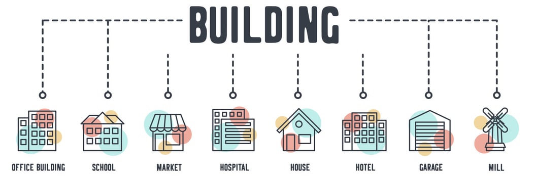 Building web icon. message, office building, school, market, hospital, house, hotel, garage, windmill vector illustration concept.