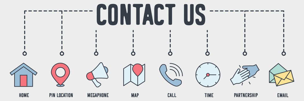 Contact Us banner web icon. door, pencil and ruler, paint brush, color swatch, paint roller, paint bucket, window, house key vector illustration concept.