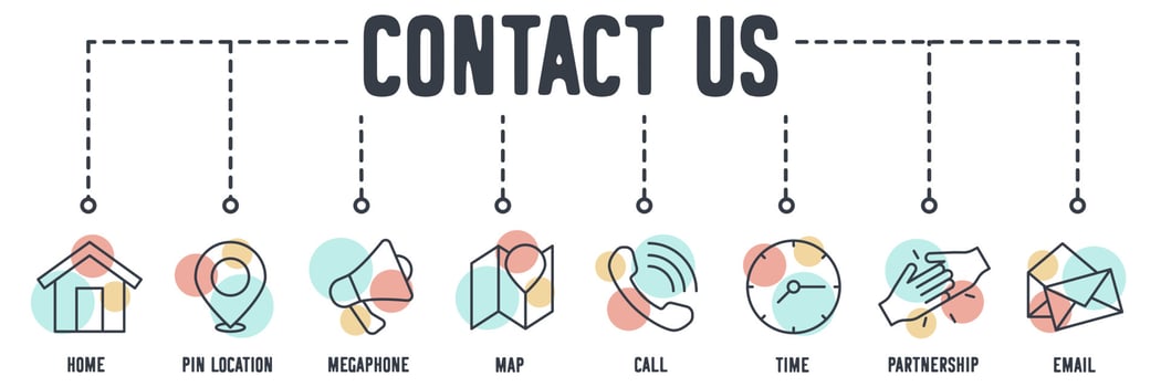 Contact Us banner web icon. door, pencil and ruler, paint brush, color swatch, paint roller, paint bucket, window, house key vector illustration concept.