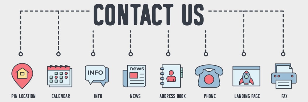 Contact Us banner web icon. location, tape measure, hand saw, plug, plumbing, tools, toolbox, drill vector illustration concept.