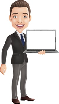 Cartoon happy young businessman holding a laptop vector