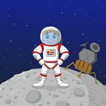 Cartoon boy astronaut standing on the moon vector