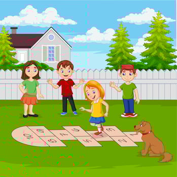 Children playing hopscotch in the park vector