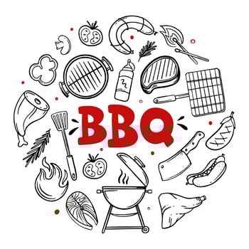 BBQ hand drawn menu items of restaurant bar cafe Vector illustration of barbecue food doodles