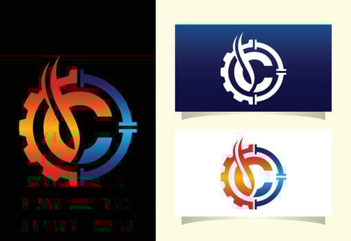Initial C monogram alphabet with gear pipe and flame. Oil and gas logo concept. Font emblem. Modern vector logo for petroleum business and company identity