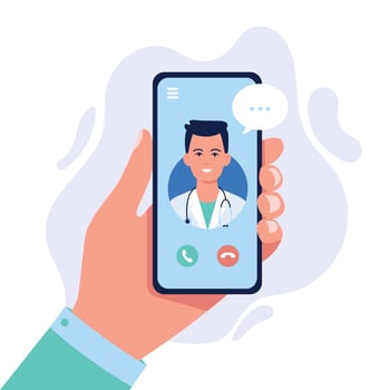 human hand holding smartphone with video call to man doctor character on screen, using mobile advise or consultation vector