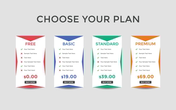 Subscription Package Pricing Comparison. business plan pricing chart. Comparison table. Gradient color vector