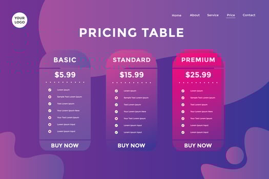 Landing page product package price for website. Price chart template. business plan pricing list. Gradient Color vector