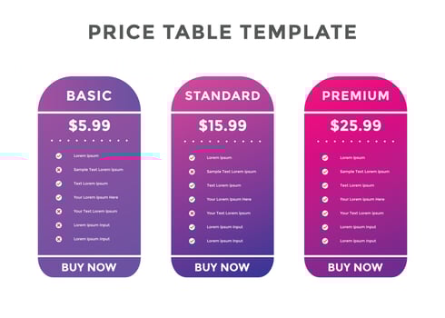 Colorful comparison pricing template. Pricing or subscription plan pricing chart. Price chart template vector