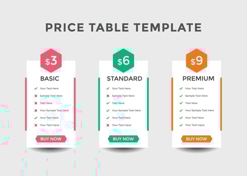 Subscription Package Pricing Comparison. business plan pricing chart. Comparison table. Gradient color vector