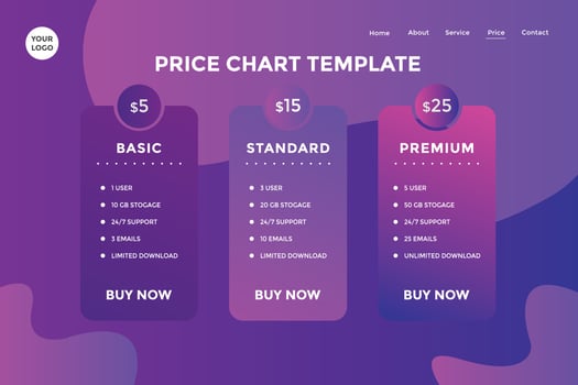 Landing page product package price for website. Price chart template. business plan pricing list. Gradient Color vector