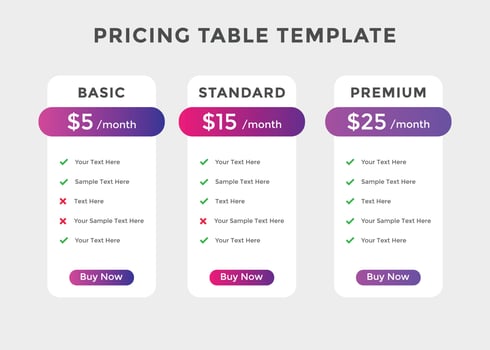Subscription Package Pricing Comparison. business plan pricing chart. Comparison table. Gradient color vector