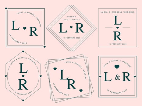 Geometric symbol set for romantic greeting card. Monogram linear flat wedding logo collection. Minimal frame design element. Square border invitation template. line icon vector illustration.