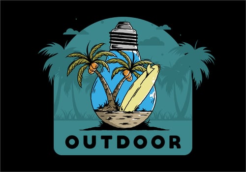 Coconut tree and surfing board in a bulb lamp illustration vector