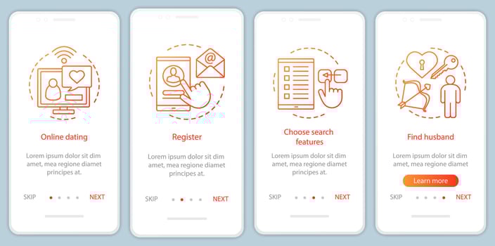 Online dating onboarding mobile app page screen vector template. Register, choose search features, find husband website instructions with linear illustrations. UX, UI, GUI smartphone interface concept
