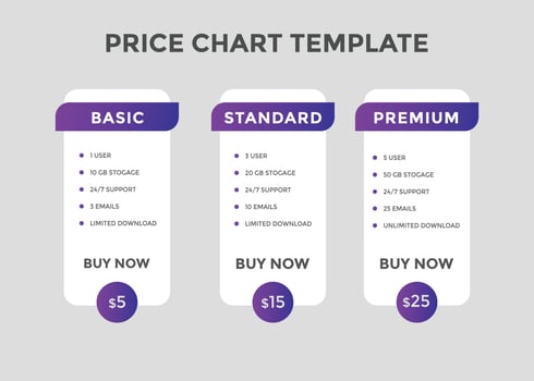 Subscription Package Pricing Comparison. business plan pricing chart. Comparison table. Gradient color vector