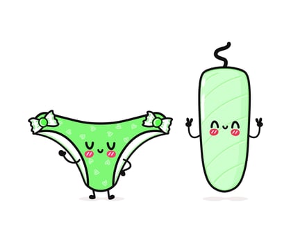 Cute, funny happy green panties and tampon menstrual. Vector hand drawn cartoon kawaii characters, illustration icon. Funny happy cartoon green panties and tampon menstrual mascot friends