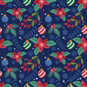 Christmas plant and Christmas ball on blue background seamless pattern vector