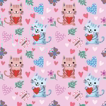Cute cartoon cat and butterfly with heart shape seamless pattern. vector