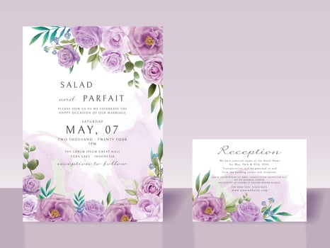 Wedding invitation card template with purple flowers vector