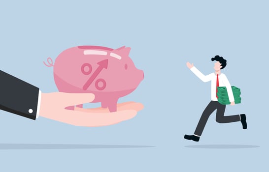 Reducing the money supply within an economy by increasing interest rates, contractionary monetary policy to address inflation concept. Businessman rushing to deposit his money in bank. vector