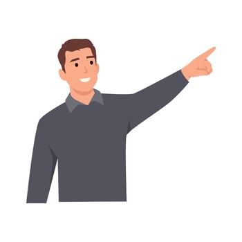 Young man pointing fingers away cartoon character . Flat vector illustration isolated on white background