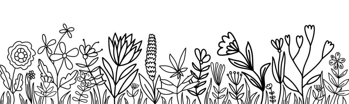 Hand drawn flowers and leaves banner. Cute doodle floral summer horizontal wallpaper. vector