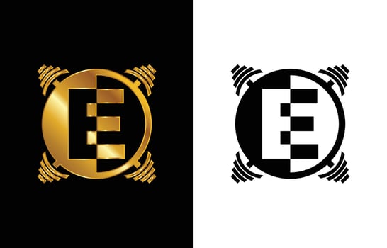 Initial E monogram alphabet with a barbell. Lifting vector logo design. Modern vector logo for bodybuilding, gym, fitness club, business, and company identity