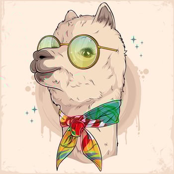 Hand drawn cute Alpaca with colorful eyeglasses and floral print scarf vector