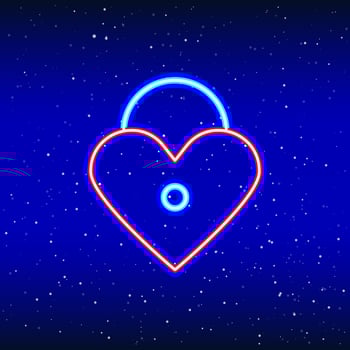 Neon heart lock. Backlit planet neon sign. Retro red neon heart sign. Romantic design for Happy Valentine's Day. Night light advertisement. Vector industry.